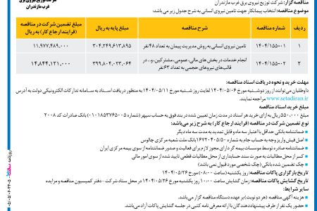 ۴۴۰۵ مناقصه – شرکت توزیع نیروی برق غرب مازندران – تامین نیروی انسانی