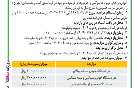 ۴۳۸۷ مزایده –  فرماندهی نیروی پدافند هوایی آجا – فروش خودروی های تویوتا هایلوکس و خودروهای فرسوده