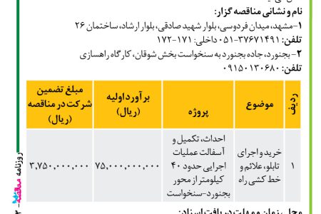 ۴۴۰۳ مناقصه – موسسه سازندگی نصر – خرید و اجرای تابلو، علائم و خط کشی راه