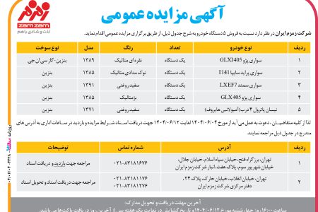 ۴۴۲۸ مزایده – شرکت زمزم ایران – فروش ۵ دستگاه خودرو