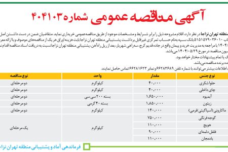 ۴۴۱۰ مناقصه – فرماندهی پشتیبانی منطقه تهران نزاجا – اقلام مشروح