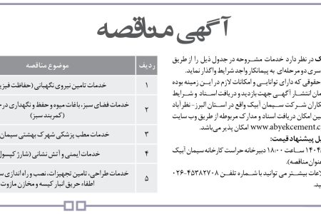 ۴۴۲۳ مناقصه – شركت سيمان آبيك – خدمات تامين نيروي نگهباني