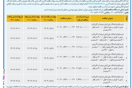 ۴۴۱۹ مناقصه – شرکت فاضلاب تهران – خريد لوله و اتصالات پلي‌اتيلن دوجداره کاروگيت