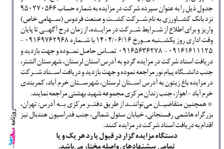 ۴۴۳۳ مزایده – شرکت کشت و صنعت فردوس – سردرختی باغ گردو و زیتون