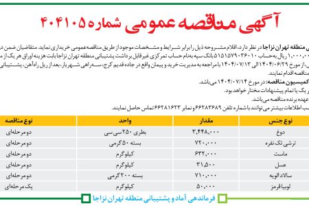 ۴۴۴۷ مناقصه – فرماندهی آماد و پشتیبانی منطقه تهران نزاجا – خرید اقلام مشروحه