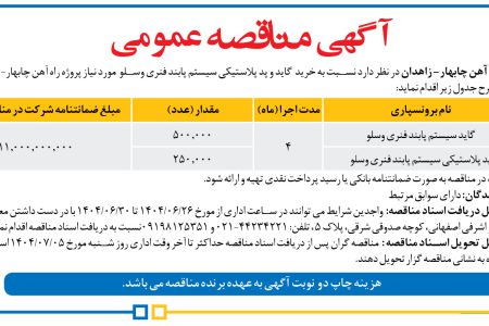 ۴۴۴۶ مناقصه – مدیریت پروژه راه آهن چابهار- زاهدان – خرید  گاید و پد پلاستیکی سیستم پابند فنری وسلو