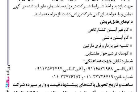 ۴۴۳۷ مزایده – شرکت زراعی دشت ناز – فروش دام