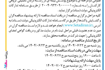 ۴۴۴۱ مناقصه – صندوق بیمه اجتماعی کشاورزان روستاییان و عشایر – پوشش بیمه ای در رشته درمان تکمیلی