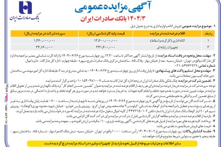 ۴۴۴۱ مزایده – بانک صادرات ایران – فروش اثاثه و لوازم اداري
