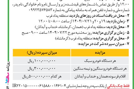 ۴۴۵۴ مزایده – فرماندهی نیروی پدافند هوایی آجا – خودروها و اقلام فرسوده