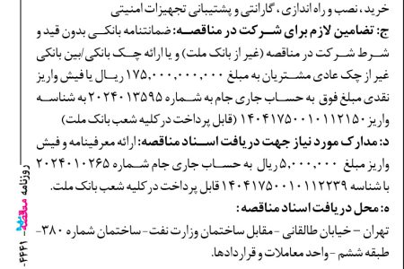 ۴۴۴۱ مناقصه – بانك ملت – خرید ، نصب و راه اندازی ، گارانتی و پشتیبانی تجهیزات امنیتی