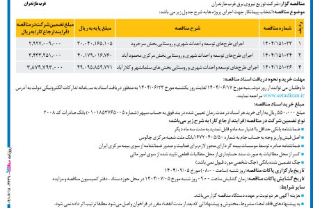 ۴۴۳۹ مناقصه – شرکت توزیع نیروی برق غرب مازندران – اجرای طرح‌های توسعه و احداث شهری و روستایی