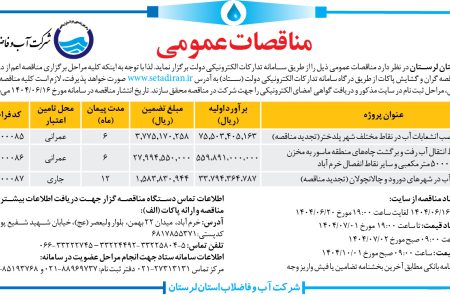 ۴۴۳۷ مناقصه – شرکت آب و فاضلاب استان لرستان – اصلاح شبکه و نصب انشعابات آب