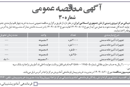 ۴۴۸۲ مناقصه – فرماندهی آماد و پشتیبانی مرکز نیروی زمینی – خرید چهار قلم