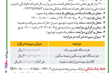 ۴۴۶۳ مزایده – فرماندهی نیروی پدافند هوایی آجا – فروش خودروها و اقلام فرسوده