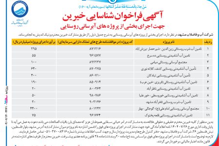 ۴۴۶۱ مناقصه – شرکت آب و فاضلاب مشهد – بخشی از پروژه های آبرسانی روستایی