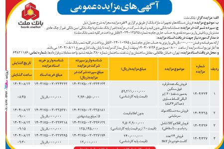 ۴۴۷۲ مزایده – بانك ملت – فروش دستگاهها و تجهیزات مازاد بانک