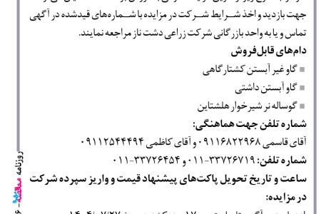 ۴۴۶۶ مزایده – شرکت زراعی دشت ناز – فروش دام