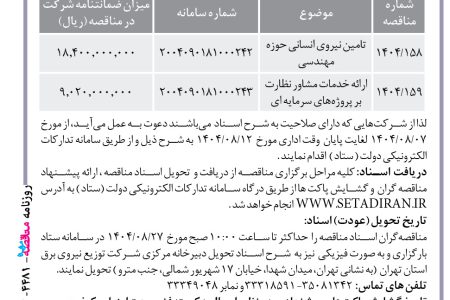 ۴۴۸۱ مناقصه – شركت توزيع نيروي برق استان تهران – تامین نیروی انسانی