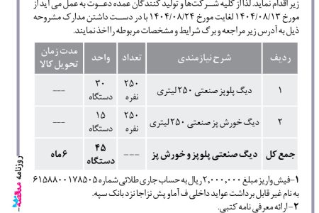۴۴۸۶ مزایده – فرماندهی آماد و پشتیبانی مرکز نیروی زمینی ارتش – خرید دو قلم نیازمندی